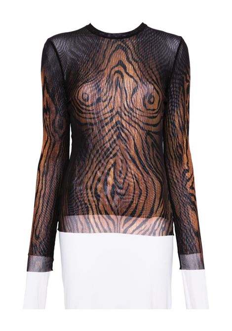 top long sleeves mesh printed wood donna nero e marrone JEAN PAUL GAULTIER | 25/03-W-TO335-M002P0060